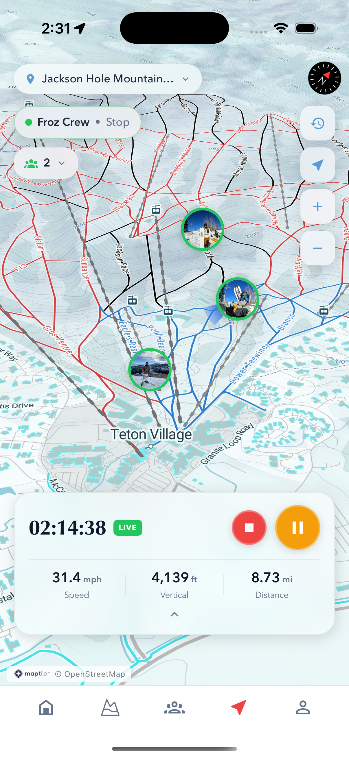 Froz mobile app — live crew positions on the 3D mountain map at Jackson Hole