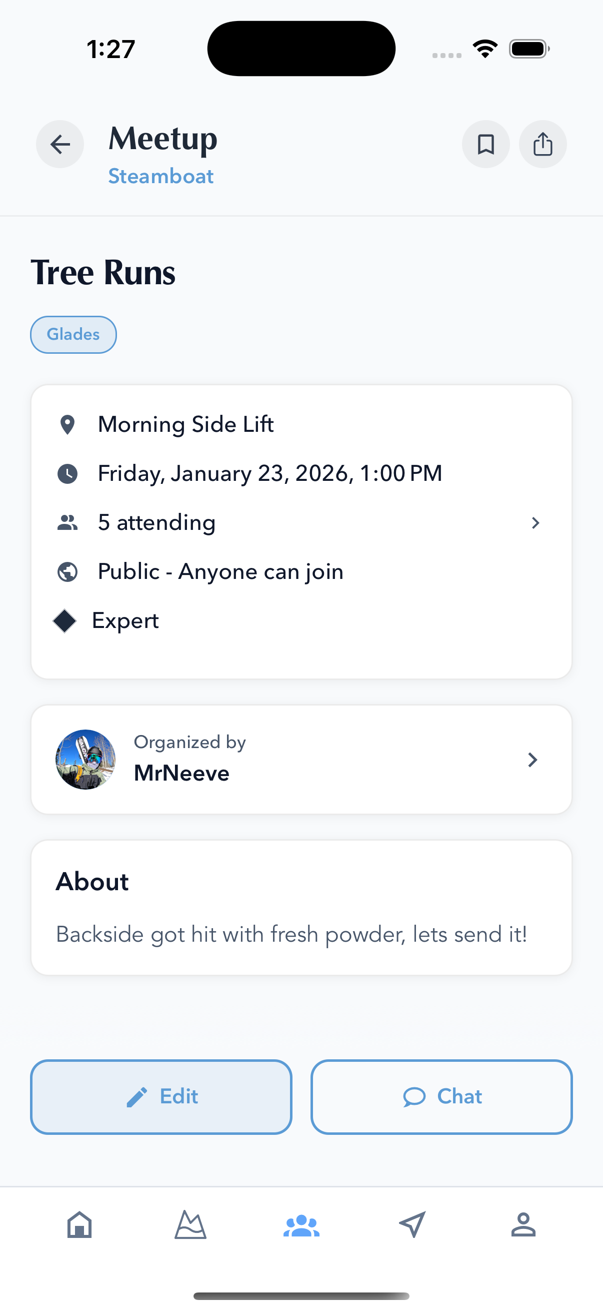 Froz mobile app — meetup detail showing event info, location, and attendees